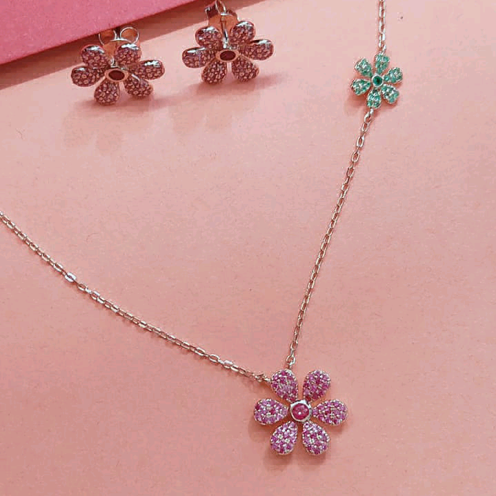 Rose Gold Pink Flower Pendant Set 